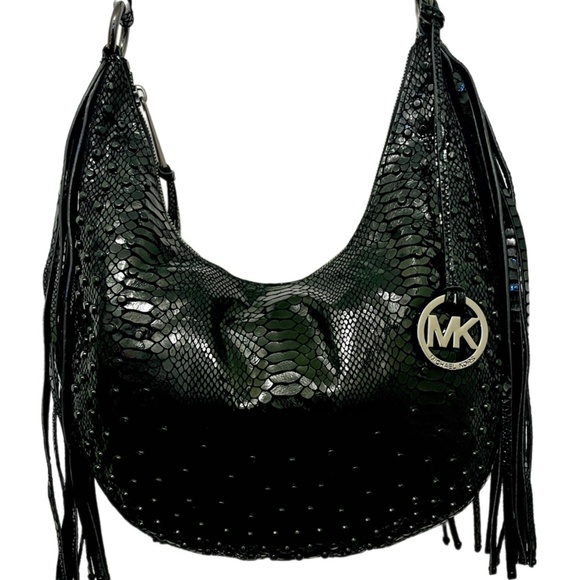 Michael Kors Rhea Crystal Black MD Slouchy Hobo Shoulder Patent Python Bag - Picture 1 of 5